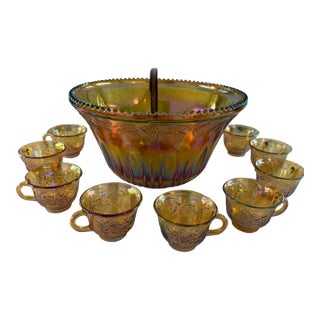 1970s Indiana Glass Iridescent Gold Carnival Glass Punch Bowl Set - 14 Pieces For Sale
