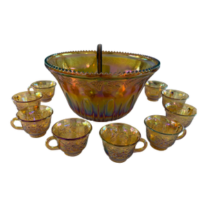 1970s Indiana Glass Iridescent Gold Punch Bowl - 14pcs