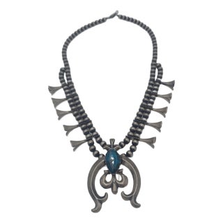 Ithaca Peak Turquoise Squash Blossom Necklace by R. Chee - Sandcast Naja Authentic Native American Handmade For Sale