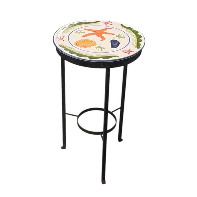 2000 - 2009 Mediterranean Style Hand-Painted Ceramic and Wrought Iron Coastal Martini Table For Sale - Image 5 of 12