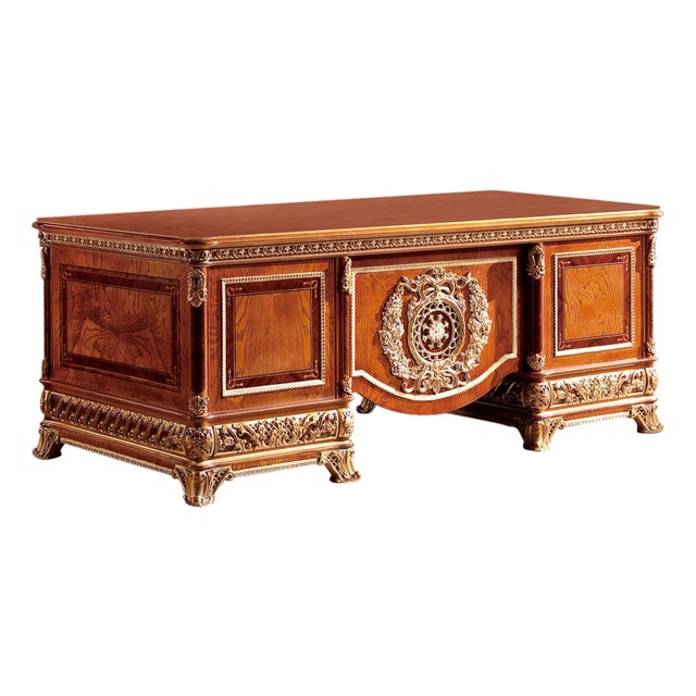 Ornate European-Style Executive Desk in Rich Brown and Gold Finish For Sale