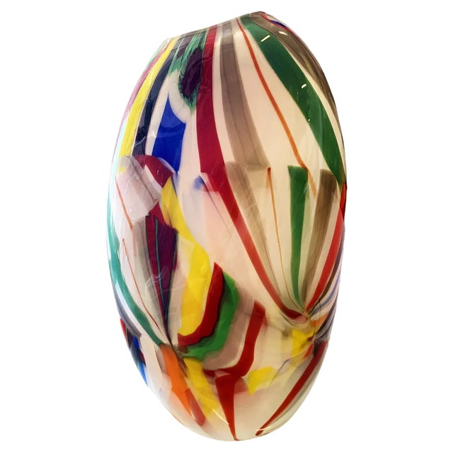 Abstract Vase in Milky-White Murano Style Glass with Multicolored Reeds from Simoeng For Sale