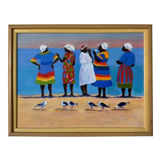 Vintage Florence Zevich Folk Art African Coastal Scene Oil on Board Painting, Signed and Framed For Sale
