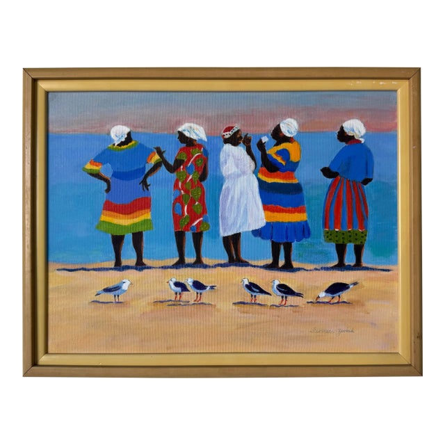 Vintage Florence Zevich Folk Art African Coastal Scene Oil on Board Painting, Signed and Framed For Sale
