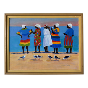 Vintage Florence Zevich Folk Art African Coastal Scene Oil on Board Painting, Signed and Framed