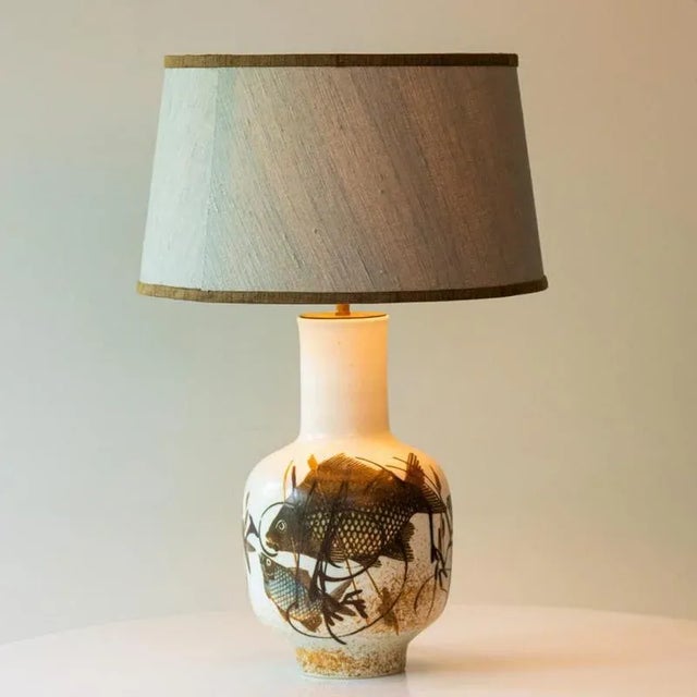 Ceramic Floor Lamp with Fish Motif and Silk Lampshade attributed to R. Houben, 1970s For Sale - Image 10 of 12