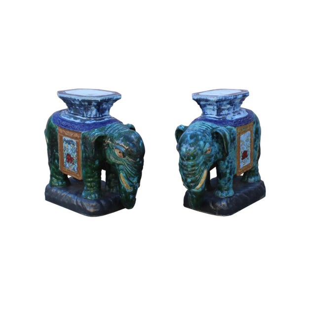 Blue Pair Ceramic Handmade Chinese Green Blue Oriental Elephant Figures For Sale - Image 8 of 8