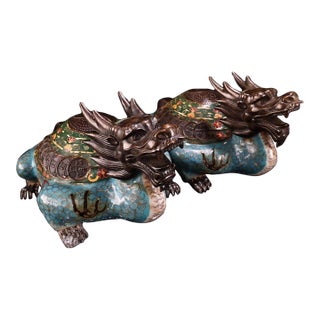 Pair of Antique Cloisonné Dragon-Turtle Figurines, 6000g Total, Enamel For Sale