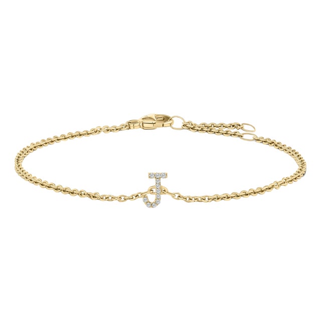 10K Yellow Gold Diamond Accent "J" Initial Charm and Link Bracelet For Sale