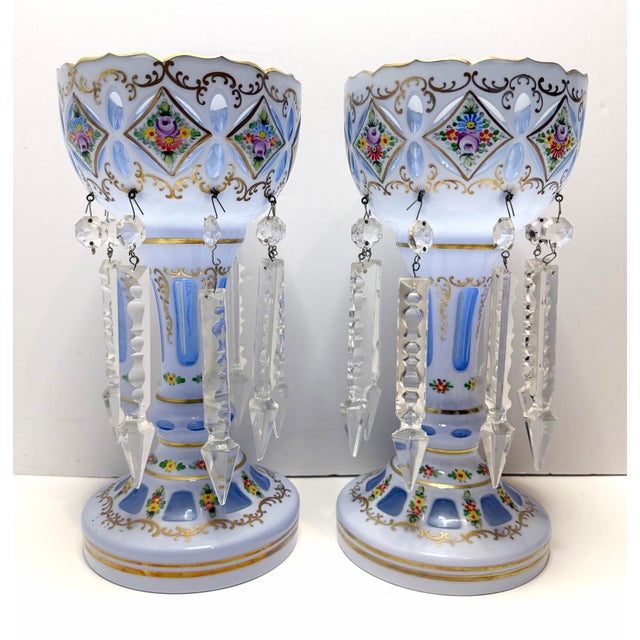 Antique Bohemian Czech Victorian Blue Opaline Glass Enamel Floral Lusters Pair For Sale - Image 9 of 12