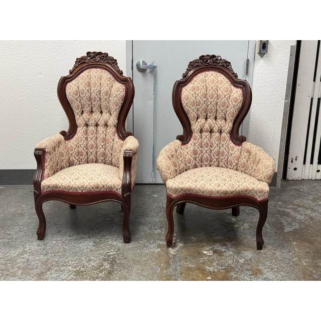 American Furniture Galleries Victorian Rococo Revival Gentleman’s + Lady’s Parlor Chairs, 1970s For Sale - Image 11 of 13