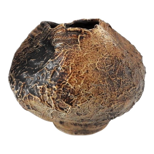 1980s Rustic Assimentrical Artisan Bulbous Pottery Vase With Textured Earth Tones For Sale