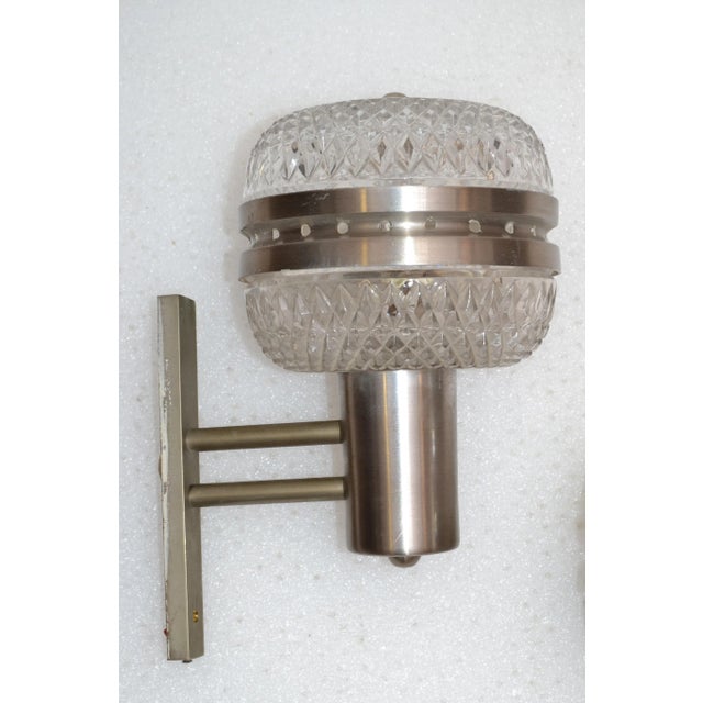 Mid-Century Modern Italian Brushed Stainless Steel & Cut Glass Sconces - Pair For Sale - Image 9 of 13
