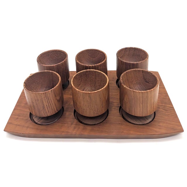 Mid-Century Modern 1960's Danish Teak Wood Egg Cup or Schnapps Goblets With Tray, Set of 7 Pieces For Sale - Image 3 of 10