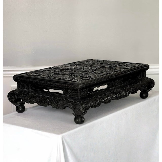 Chinese Black Lacquered Display Stand, Hardwood, Hand Carved, Rectangular, Early 20th C. For Sale - Image 4 of 18