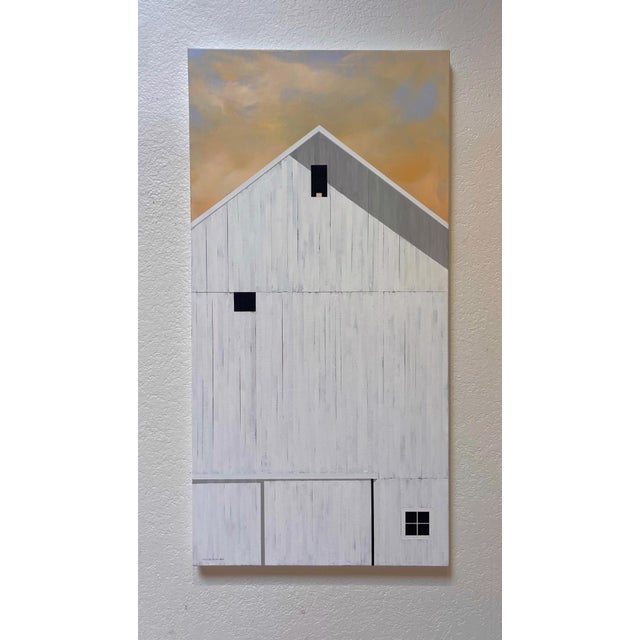 Textile Summer Sunrise by Justin Wheatley | Acrylic on Canvas White Barn With Peach Sky For Sale - Image 7 of 11