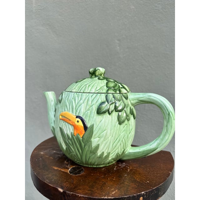 Folk Art Vintage Seymour Mann Majolica Hand-Painted Toucan Bird Teapot — Tropical Hollywood Regency For Sale - Image 3 of 10
