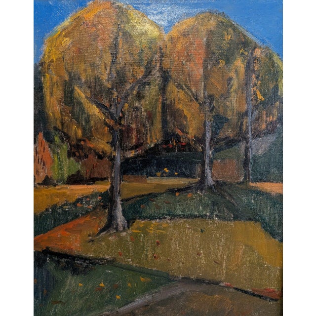Blue Mid-Century Modern 'Trees in Autumn' Original Expressive Landscape Oil Painting, Framed For Sale - Image 8 of 9