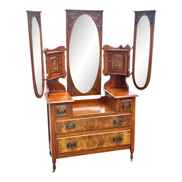 Antique Art Nouveau Burled Walnut Ladies Dresser With Oval Folding Mirrors For Sale