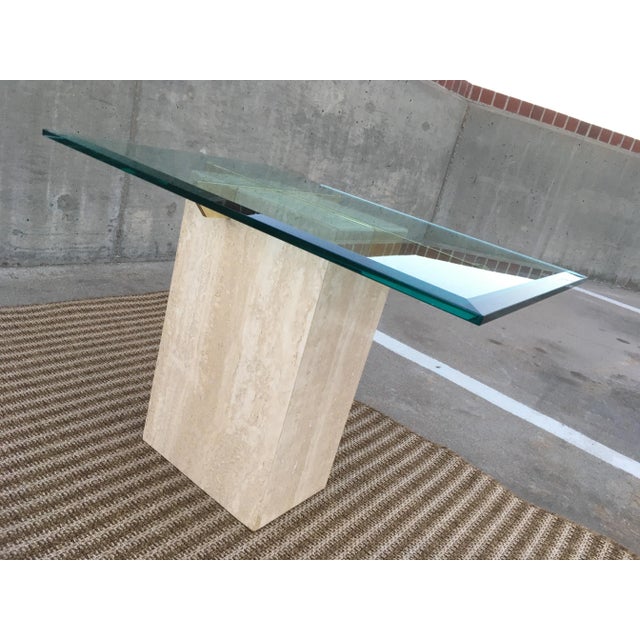 Artedi Brass-X Pedestal Glass End Table in Polished Travertine Italy For Sale In Denver - Image 6 of 13