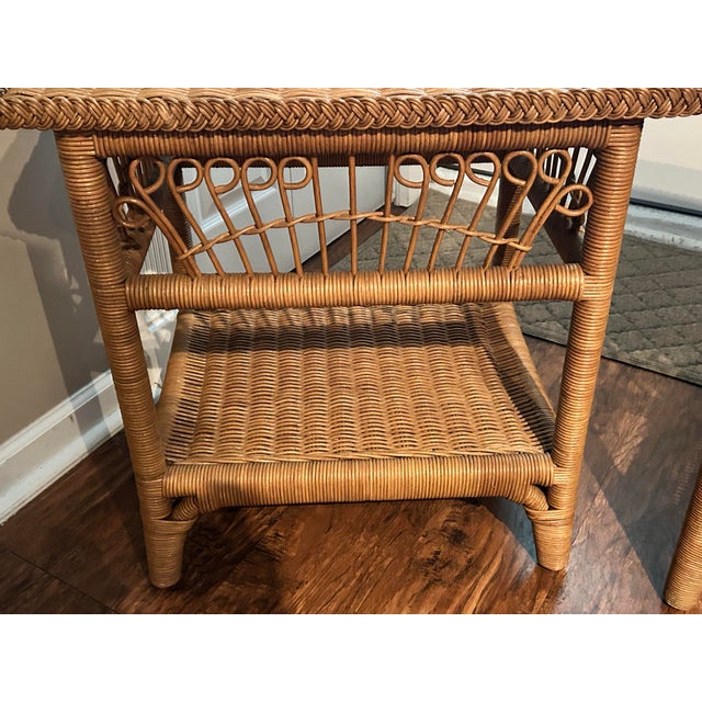 A Pair of Vintage Coastal-Style Wicker and Rattan End Tables by Pacific Traders and Manufacturing Corporation PTMC in the Philippines. For Sale - Image 11 of 12