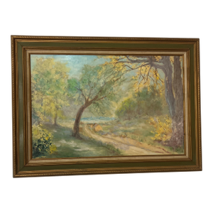 20th Century Oil on Canvas American School Landscape Village Road Framed Signed