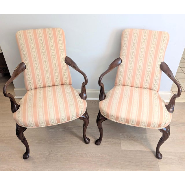 Lovely pair of Queen Anne style mahogany arm chairs made by Biggs of Richmond, which was once a leading manufacturer of...