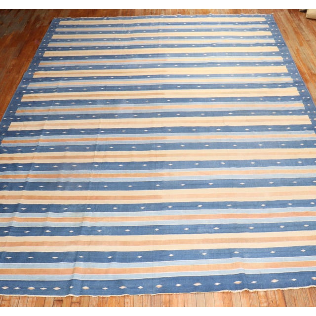 Blue Zabihi Collection Indian Dhurrie Room Size Early 20th Century Rug - 10'5" x 14'7" For Sale - Image 8 of 10