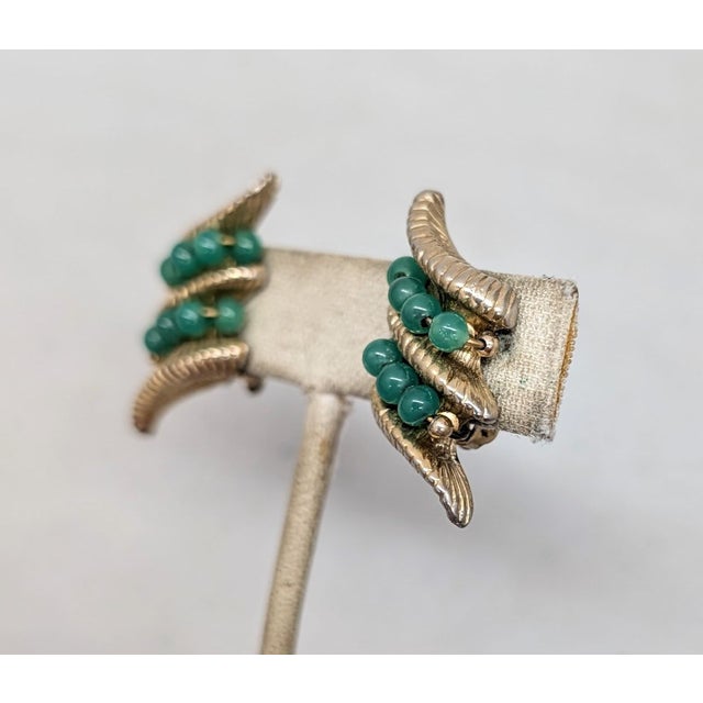 1960s Vintage 1964 Napier Book Piece Goldtone Faux-Jade Clip Earrings- 2 Pieces For Sale - Image 5 of 11
