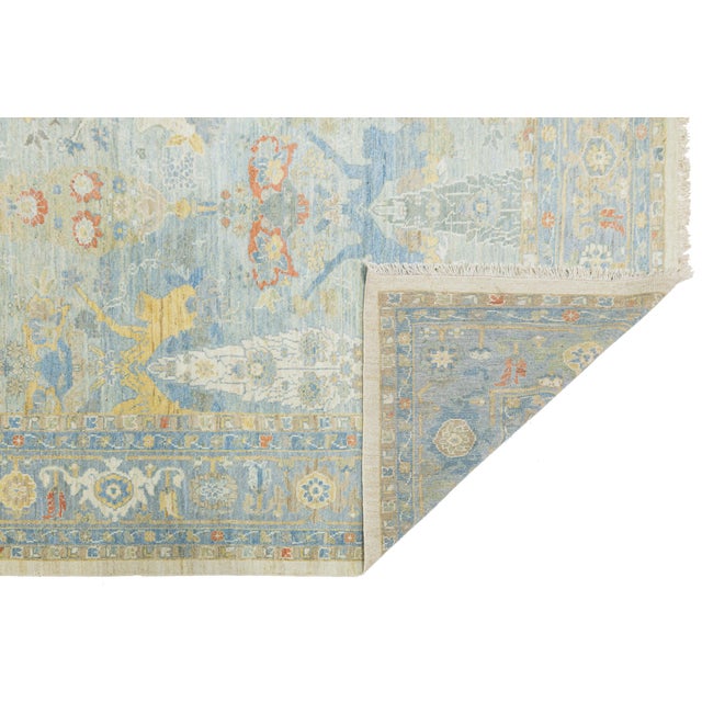 Modern 12 X 16 Modern Sultanabad Hand-Knotted Wool Rug – Sky Blue & Goldenrod Floral For Sale - Image 3 of 11