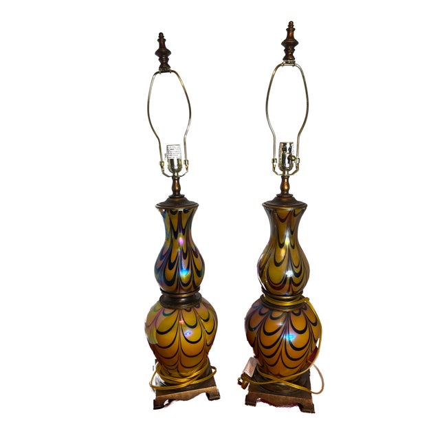 Vintage Iridescent Art Glass Table Lamps-Murano Style Amber Feather Patten - A Pair For Sale - Image 4 of 17