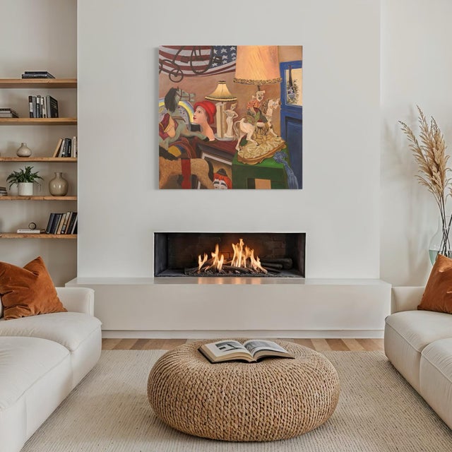 Textile Marc Zimmerman "Mid Century Modern I" Oil Painting, Abstract Geometric, Deep Teal Ground, Red White and Gold, Contemporary Art West Coast For Sale - Image 7 of 8