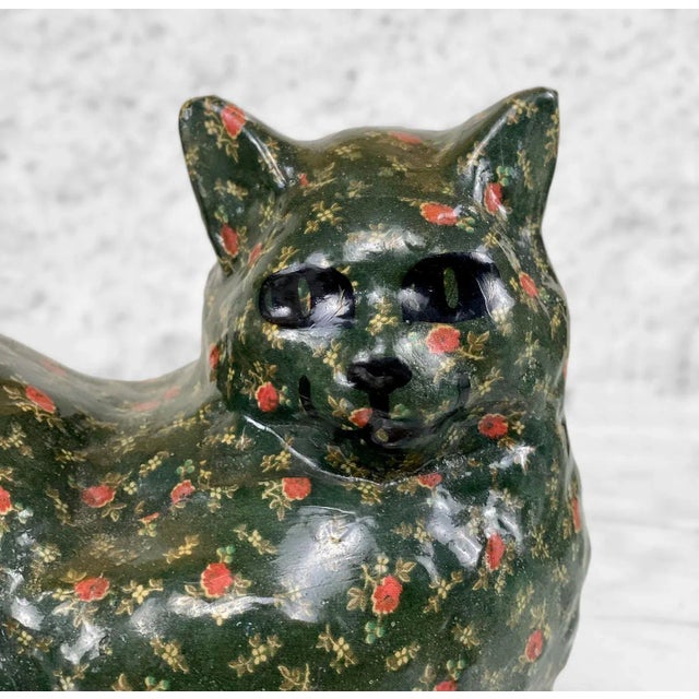 Paper Vintage Farmhouse Chalkware Floral Cat Doorstop Sculpture For Sale - Image 7 of 9