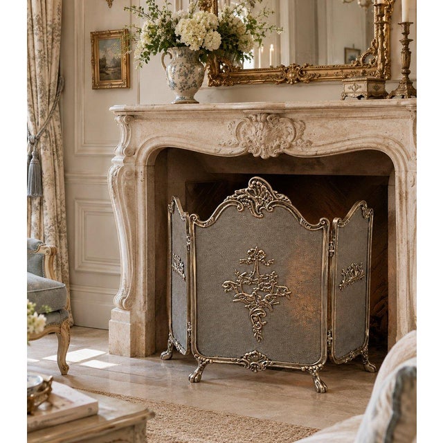 Silver Antique Rococo Style Three Panel Ornate Silver Metal Fireplace Screen Birds For Sale - Image 8 of 8