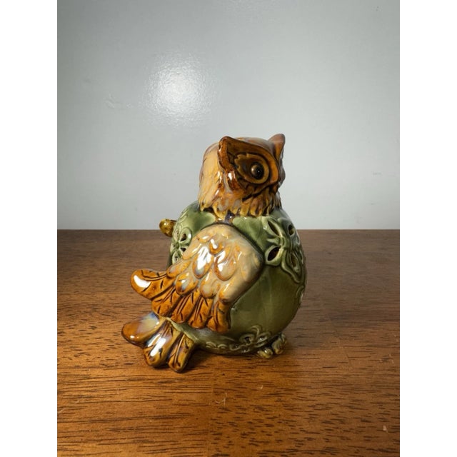 Vintage Ceramic Owl Figurine Incense Holder Green Brown Glaze Pierced Pottery For Sale In Philadelphia - Image 6 of 9