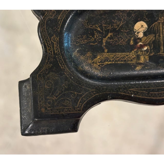 Chinoiserie Antique 19th Century Black Lacquer Chinoiserie Inkstand With Cut Glass Inkwell For Sale - Image 3 of 18