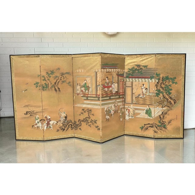 Antique Japanese Six Panel Room Divider Floor Screen For Sale - Image 4 of 5