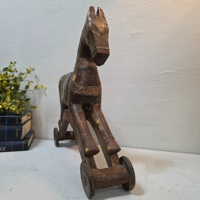 Victorian Turn-of-the-Century European Wooden Toy Horse on Wheels With Brass & Copper Inlay For Sale - Image 3 of 11