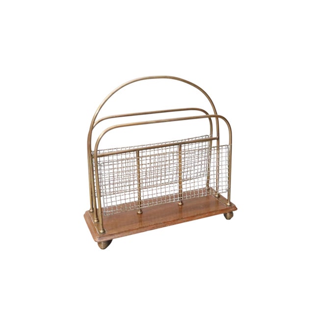 Mid-Century Modern 1920’s English Brass & Oak Magazine Rack For Sale - Image 3 of 9