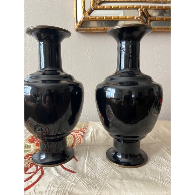 1950s Pair of Vintage 9" Korean Black Enamel Brass Vases, Mother of Pearl Inlay For Sale - Image 5 of 7