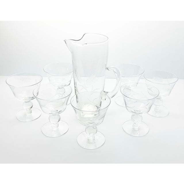Mid-Century Modern 1950s Vintage Mid-Century Etched Wheat 8-Piece Cocktail Martini Liquor Pitcher Glasses Set For Sale - Image 3 of 8
