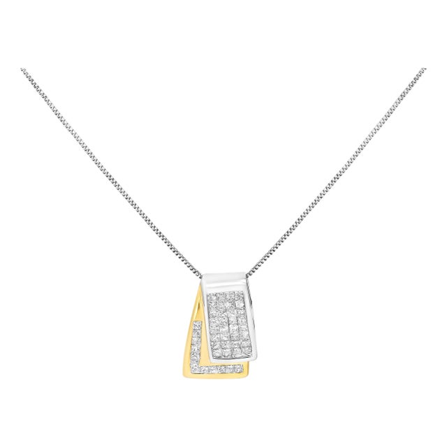 14K White and Yellow Gold 1.0 Cttw Princess Cut Diamond Two Tone Foldover Box Pendant 18��� Box Chain Necklace (H-I Color, SI2-I1 Clarity) For Sale