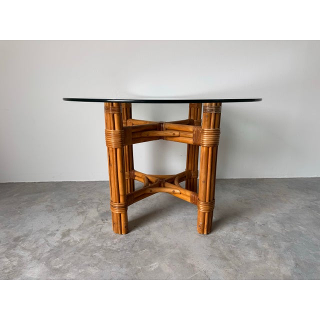 Vintage Coastal Rattan Dining Table With Round Glass Top For Sale - Image 11 of 12