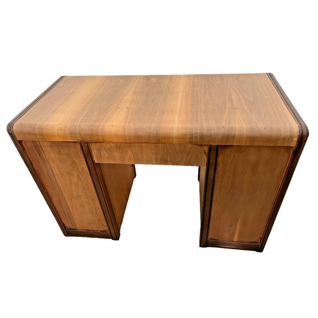 1940s Vintage Art Deco Desk, Waterfall Top, Seven Drawers With Bakelite Pulls, Walnut For Sale - Image 5 of 12