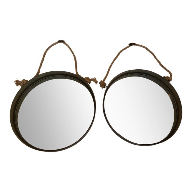 Campaign Style Round Mirrors- a Pair For Sale
