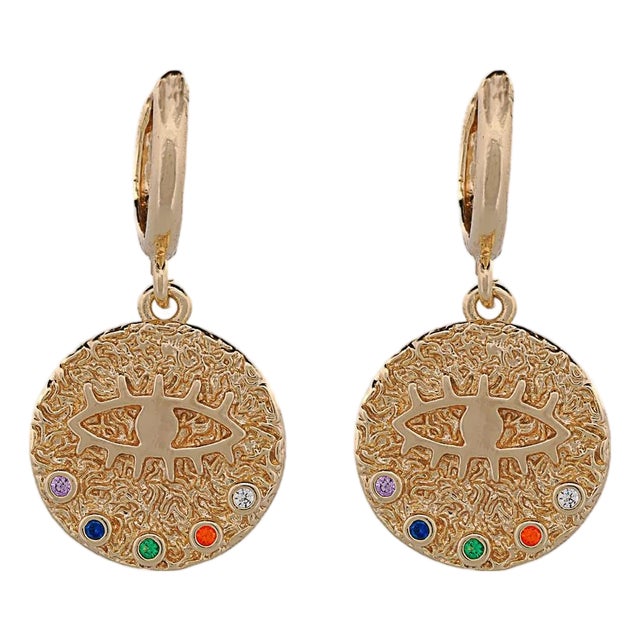 Powerful Talisman Evil Eye Gold Earrings, A Pair For Sale