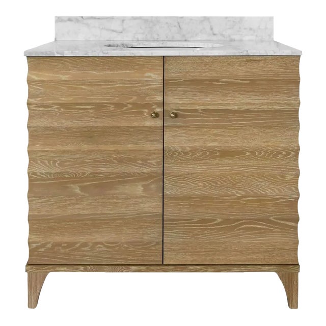 Matthew Izzo Home Rhodes Fluted Cerused Oak, Two Door, Single Sink Bathroom Vanity - Carrara Marble Top, Porcelain Sink, Brass Hardware For Sale