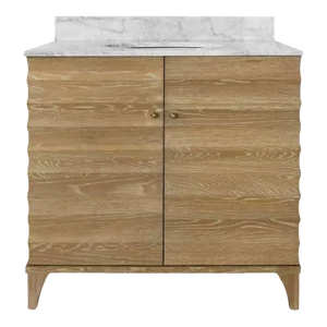 Matthew Izzo Home Rhodes Fluted Cerused Oak, Two Door, Single Sink Bathroom Vanity - Carrara Marble Top, Porcelain Sink, Brass Hardware