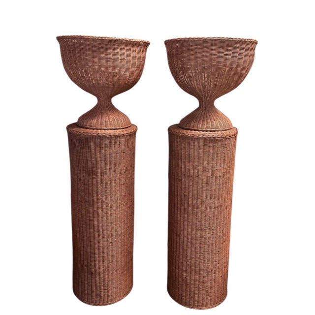 Pair of Vintage Woven Wicker Column Pedestals & Hourglass Urn Planters For Sale In West Palm - Image 6 of 12
