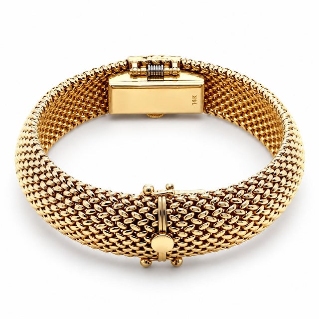 Traditional Vintage Solid 14k Yellow Gold Woven Wide Secret Watch Bracelet For Sale - Image 3 of 7
